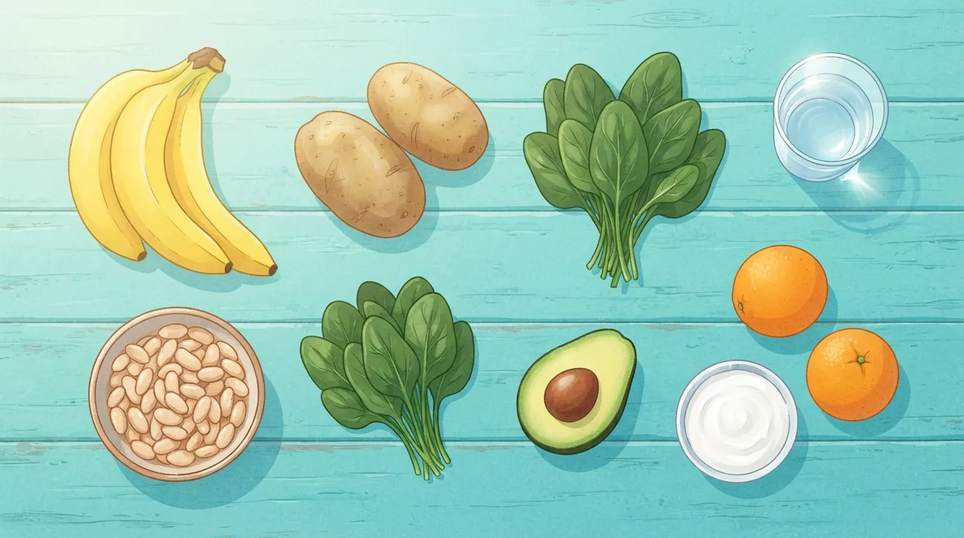 Vista cenital de alimentos ricos en potasio para reducir la retención de líquidos sobre una mesa turquesa: plátanos, papas, un tazón de frijoles blancos, dos manojos de espinacas, un aguacate partido por la mitad, naranjas, un tazón de yogur y un vaso de agua