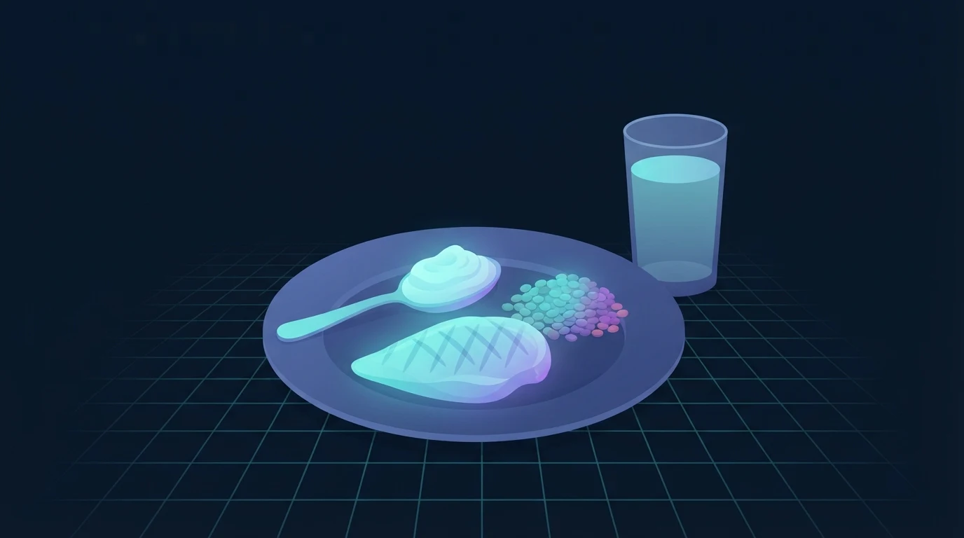 Un plato con una pechuga de pollo, yogur espeso y lentejas con los alimentos proteicos resaltados, junto a un vaso de agua