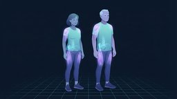 Two adults in their late fifties with the shoulder and thigh muscles lit in violet and the hip and spine bones lit in cyan, the two tissues a diet puts at risk