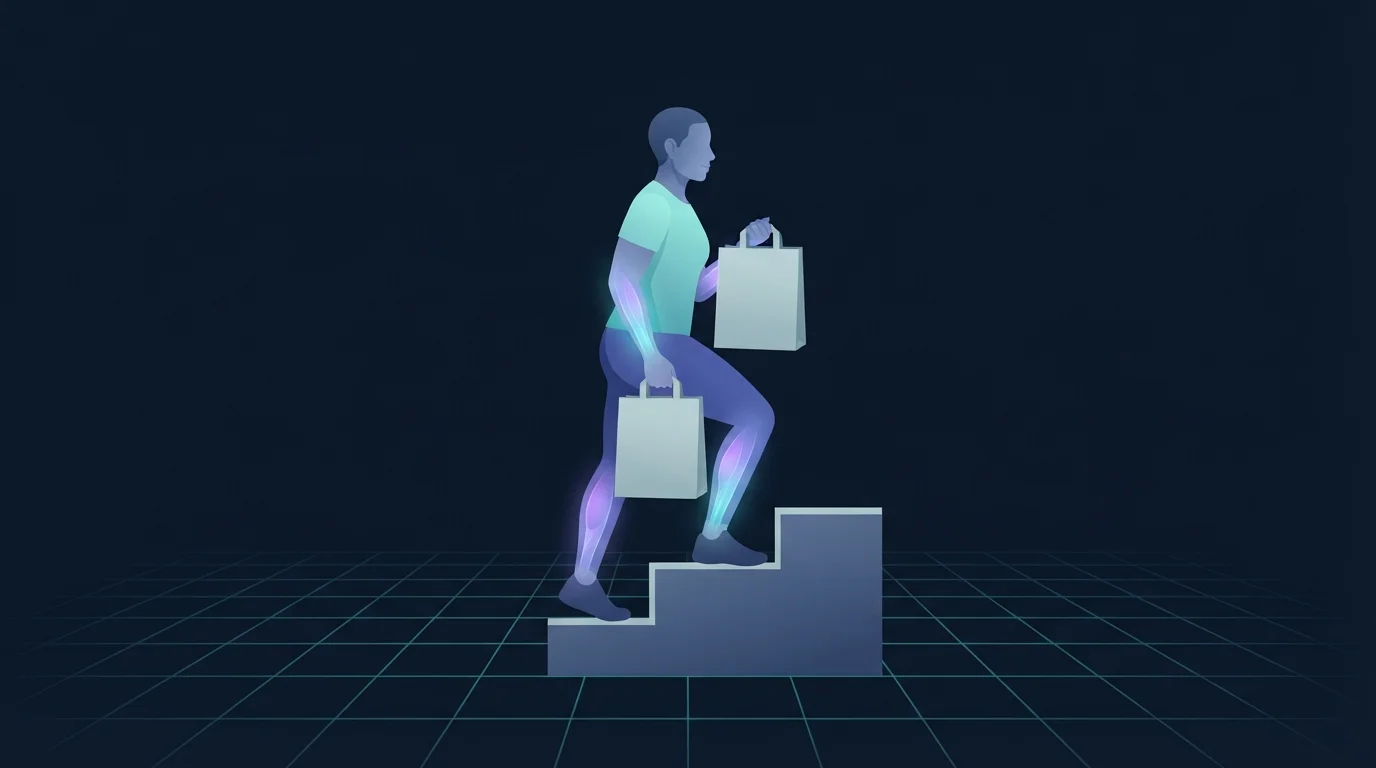 Eine Person in Alltagskleidung trägt zwei Einkaufstüten eine kurze Treppe hinauf, mit leuchtenden Waden, Hüften und Unterarmen, zeigt tägliche Bewegung ohne Sport