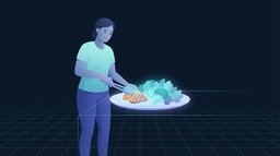 Eine Person an einer Küchentheke stellt sich einen Teller mit einer leuchtenden Proteinportion und einem großen Berg Gemüse zusammen, die Mahlzeitenstruktur, die Gewichtsverlust ohne Sport antreibt
