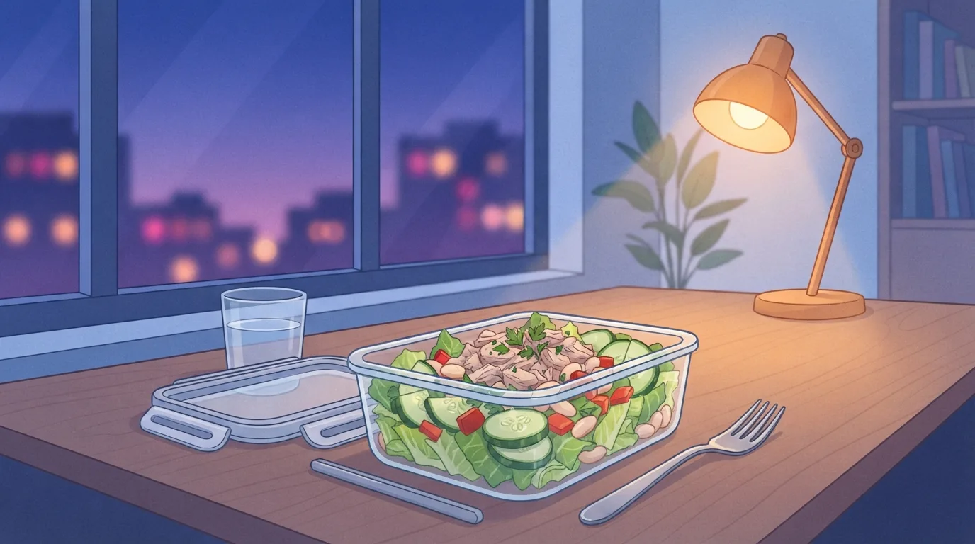 Close-up of an open glass meal prep container holding a tuna and white bean salad with romaine, cucumber and red pepper on an office desk at dusk, beside a fork, a glass of water and a lit desk lamp