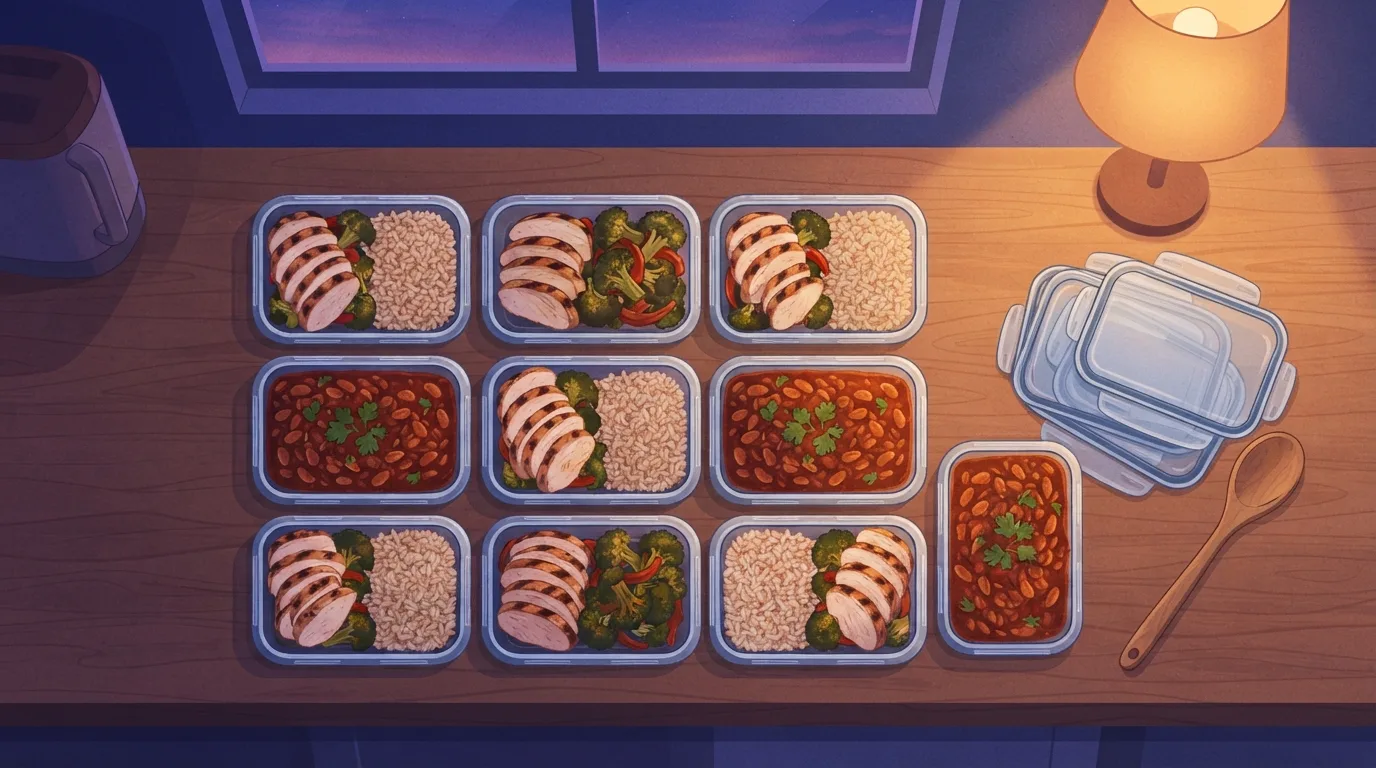 Overhead view of glass meal prep containers on a wooden counter under a warm lamp, most holding sliced chicken, brown rice and roasted broccoli and peppers, a few holding turkey and bean chili, with the lids stacked beside a wooden spoon