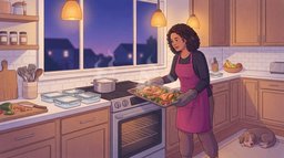 A woman in a magenta apron lifting a sheet pan of roasted chicken and broccoli from the oven in a lamplit kitchen at dusk, a pot of rice steaming on the stove and empty glass meal prep containers lined up on the counter
