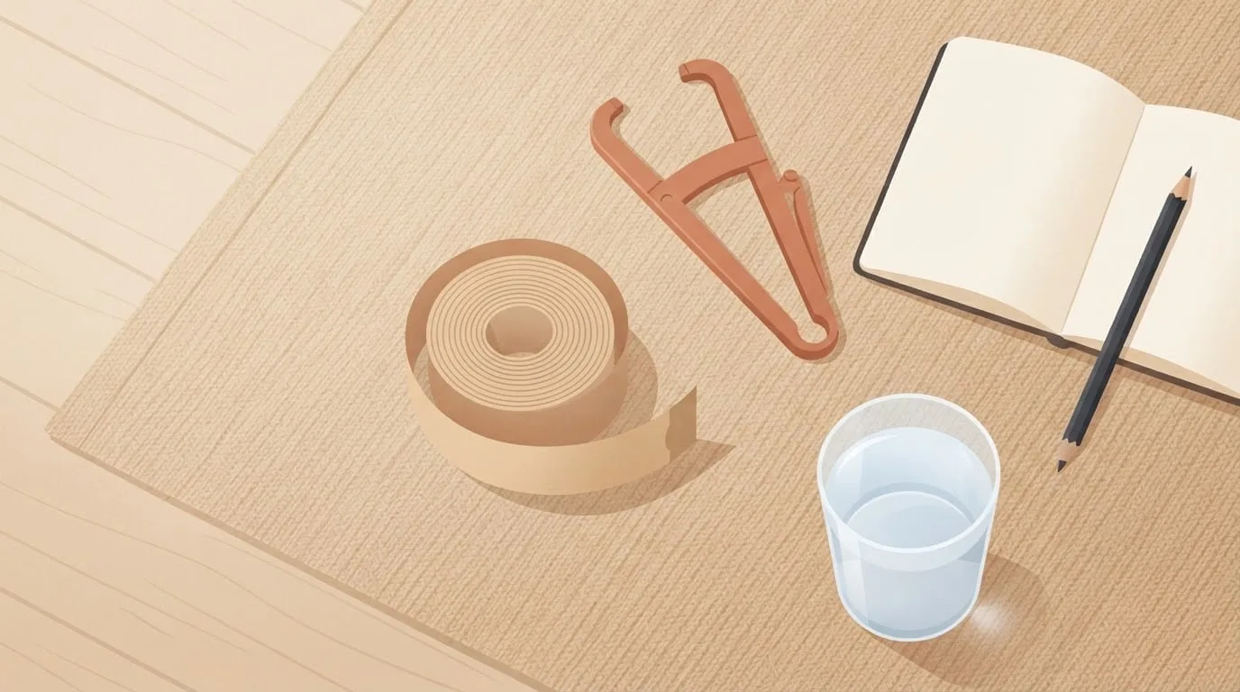Vue de dessus d'un mètre ruban enroulé, d'un compas de plis cutanés, d'un carnet ouvert avec un crayon et d'un verre d'eau sur un tapis tissé, les outils pour suivre la graisse corporelle à la maison
