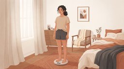 A woman standing barefoot on a bathroom scale in a calm, warmly lit bedroom early in the morning, measuring her body fat at home