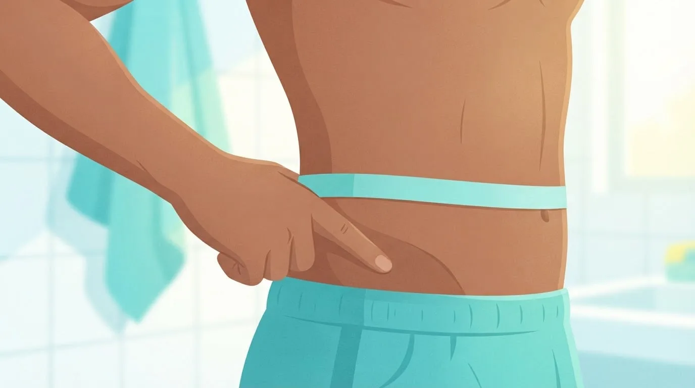 Nahaufnahme der Seite eines Mannes, dessen Fingerspitze auf die Oberkante seines Hüftknochens drückt, während ein weiches Maßband knapp darüber waagerecht um seine Taille läuft