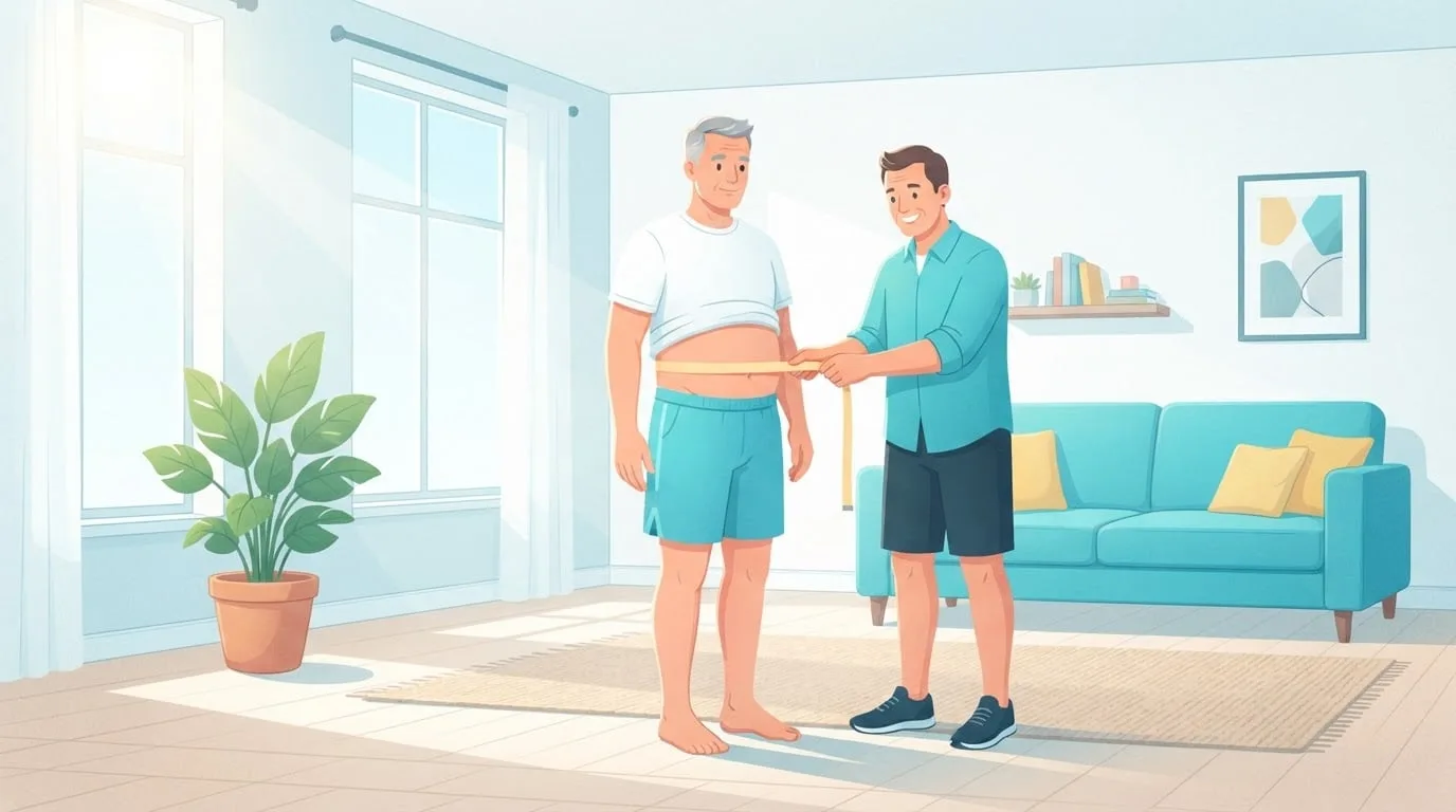 Ein älterer Mann steht entspannt in einem hellen Wohnzimmer mit hochgezogenem Hemd, während ein Freund ein Maßband waagerecht um seine Taille hält, um sie zu messen