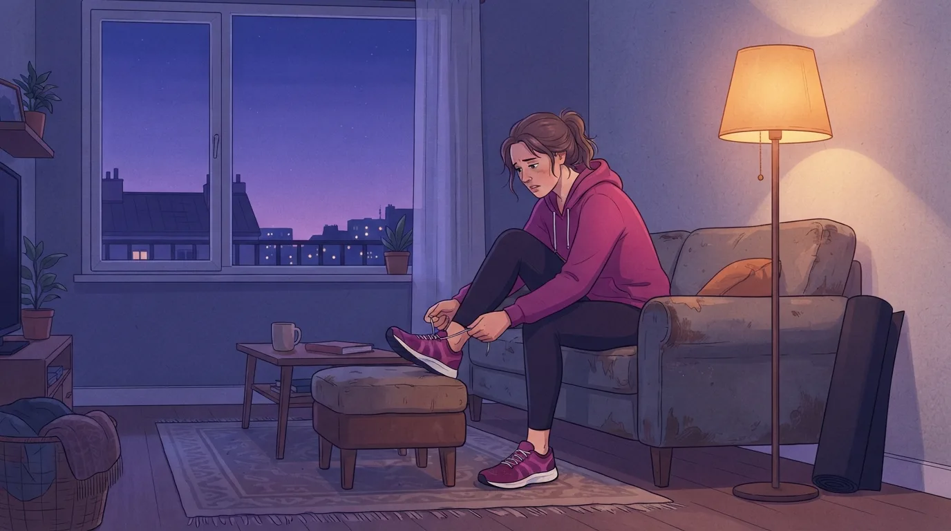 Una mujer cansada con una sudadera magenta sentada en el borde de su sofá al anochecer, atándose el cordón de una zapatilla de correr bajo la cálida luz de una lámpara de pie antes de un entrenamiento nocturno