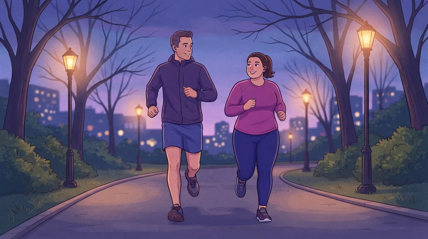 Dos amigos trotando uno al lado del otro por un sendero iluminado de un parque a la hora azul, el hombre más en forma mirando de reojo para animar a su acompañante, ambos con pequeños auriculares