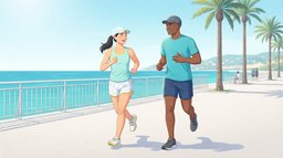 A woman in her thirties and a man in his forties jogging side by side along a sunny seaside promenade and chatting easily, pacing themselves at a conversational effort