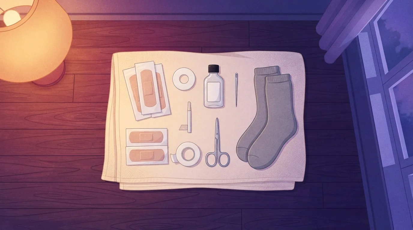 Draufsicht auf Blasenpflege-Material auf einem gefalteten Handtuch neben einer Nachttischlampe: Pflaster, ein Schaumstoffring, ein kleines Fläschchen Reinigungsalkohol, eine Nähnadel, eine Schere, eine Rolle Tape und ein Paar graue Socken