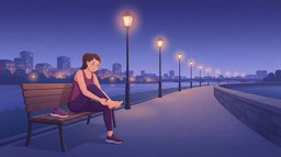 A woman in a plum running top sits on a riverside bench at dusk under warm street lamps, one running shoe off beside her, checking her bare heel for a blister after an evening run