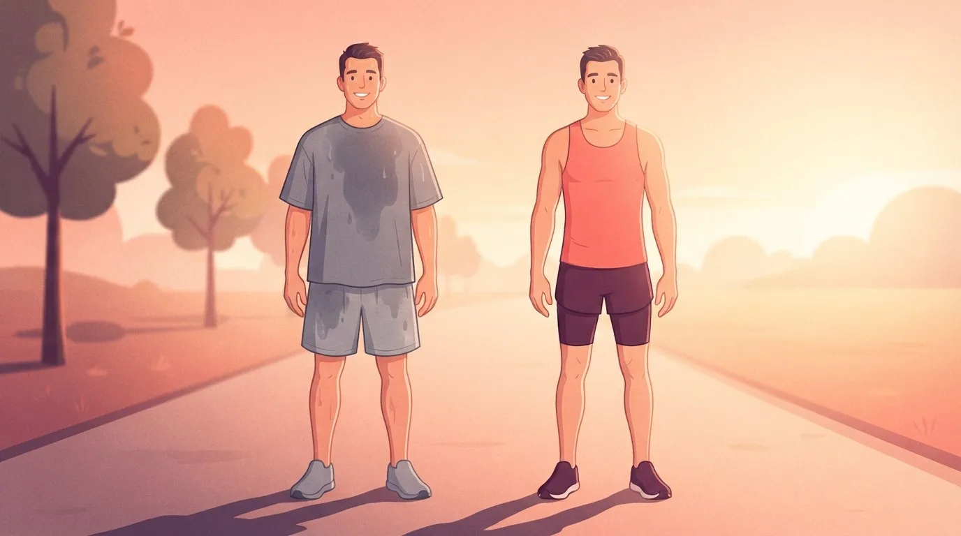 Zwei gleich große Männer nebeneinander auf einem Parkweg bei Sonnenaufgang, einer in einem lockeren grauen Baumwoll-T-Shirt und weiten, schweißdunklen Baumwollshorts, der andere in einem eng anliegenden korallenroten Lauftop und enger pflaumenfarbener halblanger Tights unter kurzen Shorts