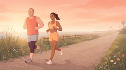 Two runners on a seaside path at sunrise on a humid summer morning, a man in a coral singlet with fitted half tights under his shorts and a woman in an apricot sports bra top and fitted shorts, both dressed to prevent chafing