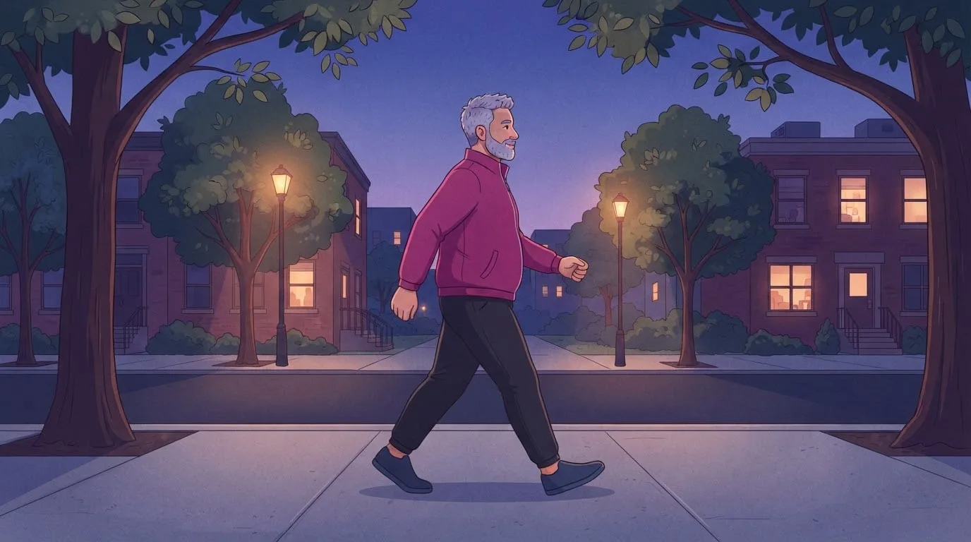 A gray-bearded man in his fifties in a magenta jacket walking briskly along a tree-lined city sidewalk at dusk under warm streetlamps, taking a short walk to curb a sugar craving