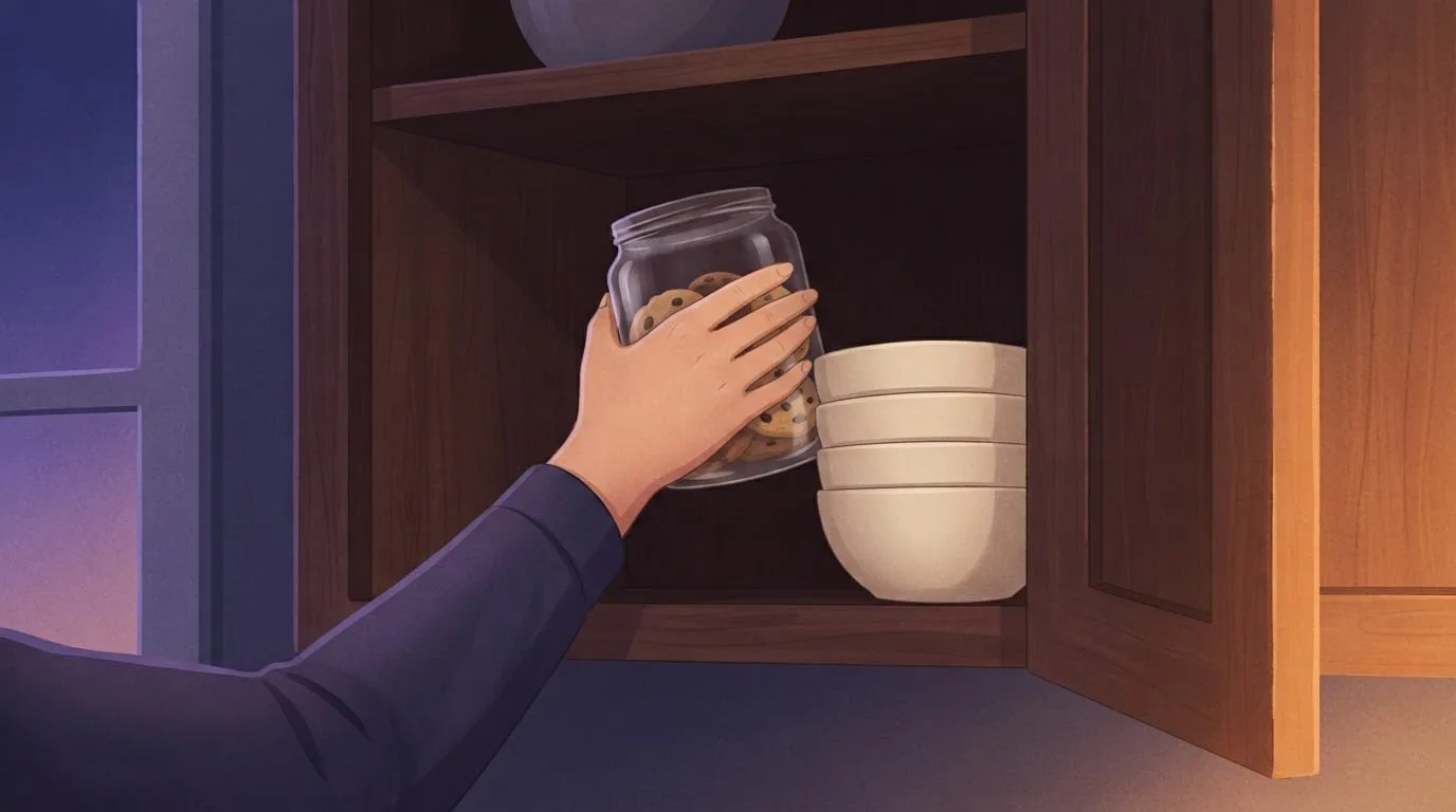 Close-up of a hand placing a glass jar of chocolate chip cookies onto a shelf inside a wooden kitchen cupboard beside a stack of bowls in warm evening lamplight, moving sweets out of sight to reduce sugar cravings