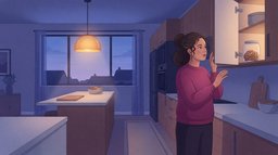A woman in a magenta sweater standing at an open kitchen cupboard in the evening, looking at a glass jar of cookies under a warm pendant lamp as the sky outside turns indigo, a typical moment when sugar cravings hit