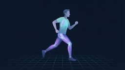 A runner at full stride with the rib cage glowing to represent the oxygen system and the calves, hamstrings and glutes glowing as the driving muscles behind a faster mile