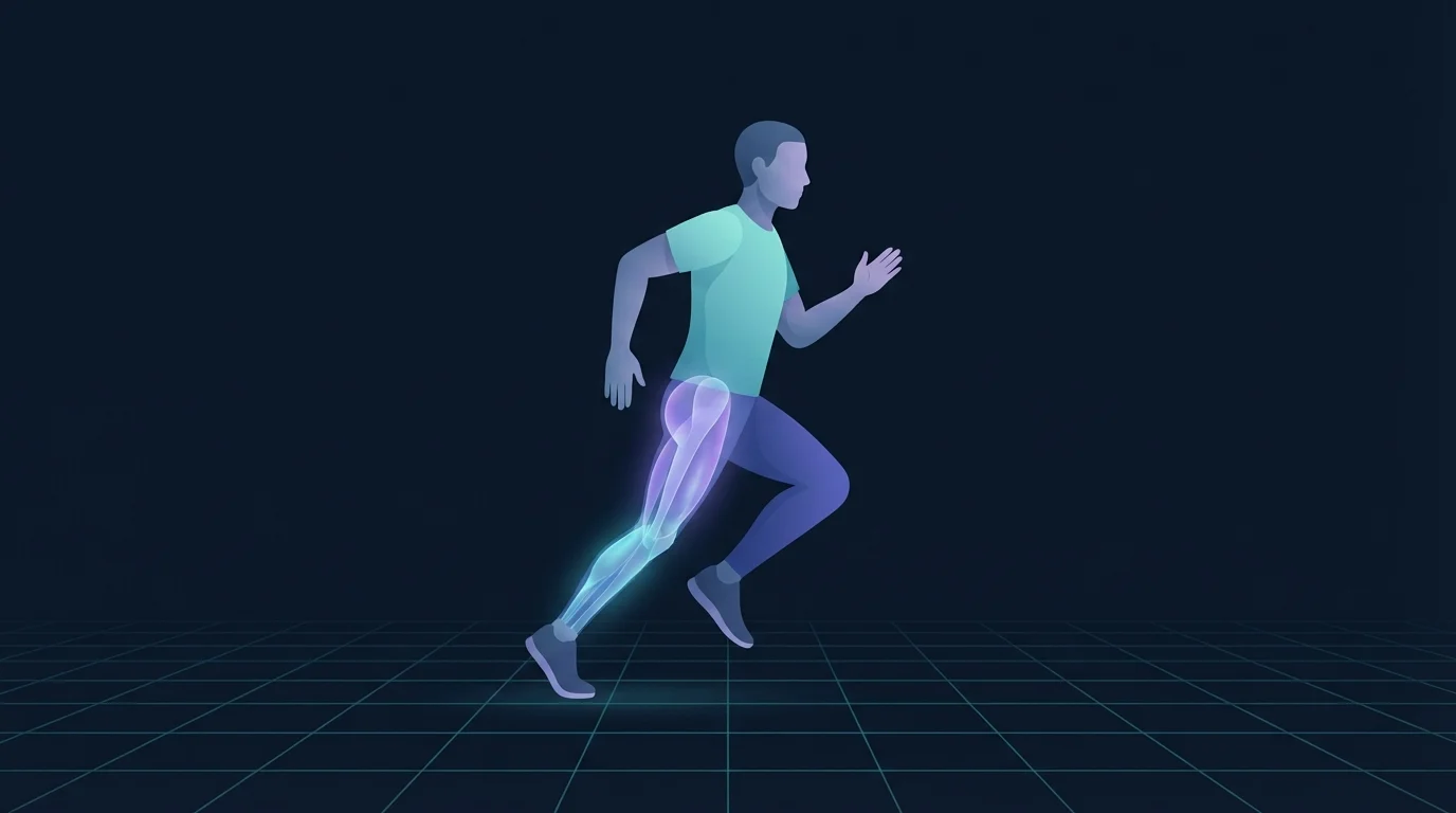 A runner in profile mid-stride on a dark grid floor, the glute, hamstring and calf of the driving leg glowing to show the muscles that produce ground force