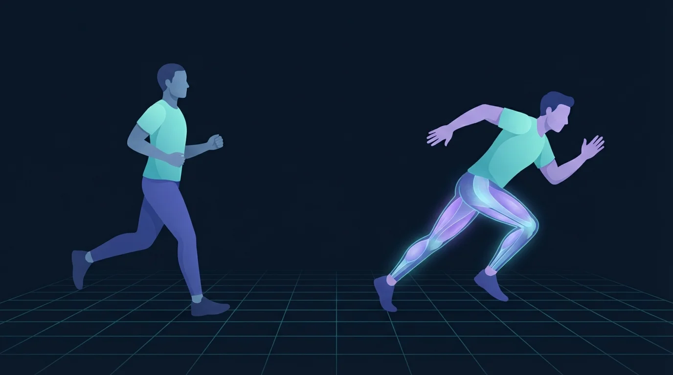 Two runners side by side on a grid floor, one jogging upright and relaxed and one driving forward at speed with the quads and glutes glowing, showing the contrast between easy running and interval effort