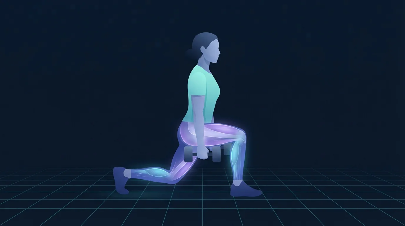 A runner in a deep split squat holding a dumbbell, the quadriceps, glutes and calf of the front leg glowing under load to show the strength work that improves running economy
