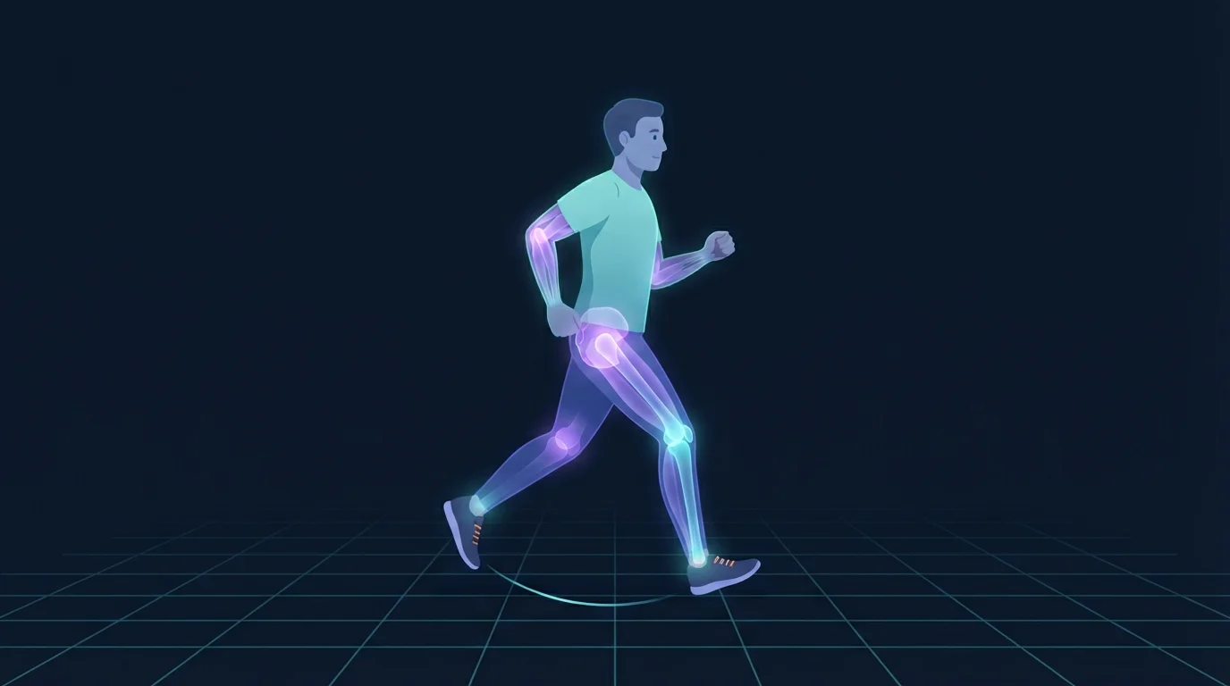A runner taking short quick steps with the foot landing directly beneath the hip, with the hip, knee and ankle glowing to show reduced joint loading