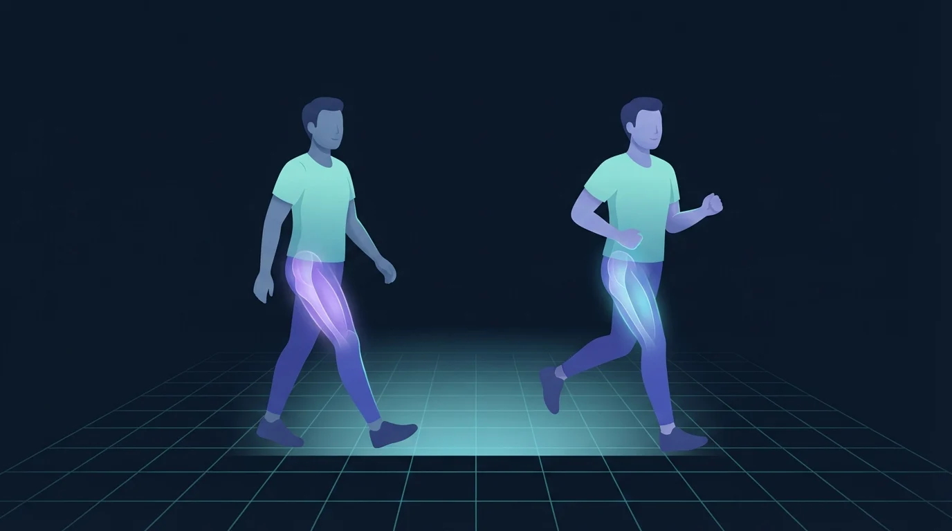 One figure walking and one figure jogging side by side on a grid floor, showing a planned run-walk interval progression for new runners