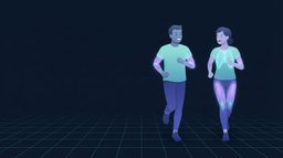 Two runners jogging side by side at a relaxed conversational pace, one of them mid-sentence with the rib cage glowing to show steady controlled breathing