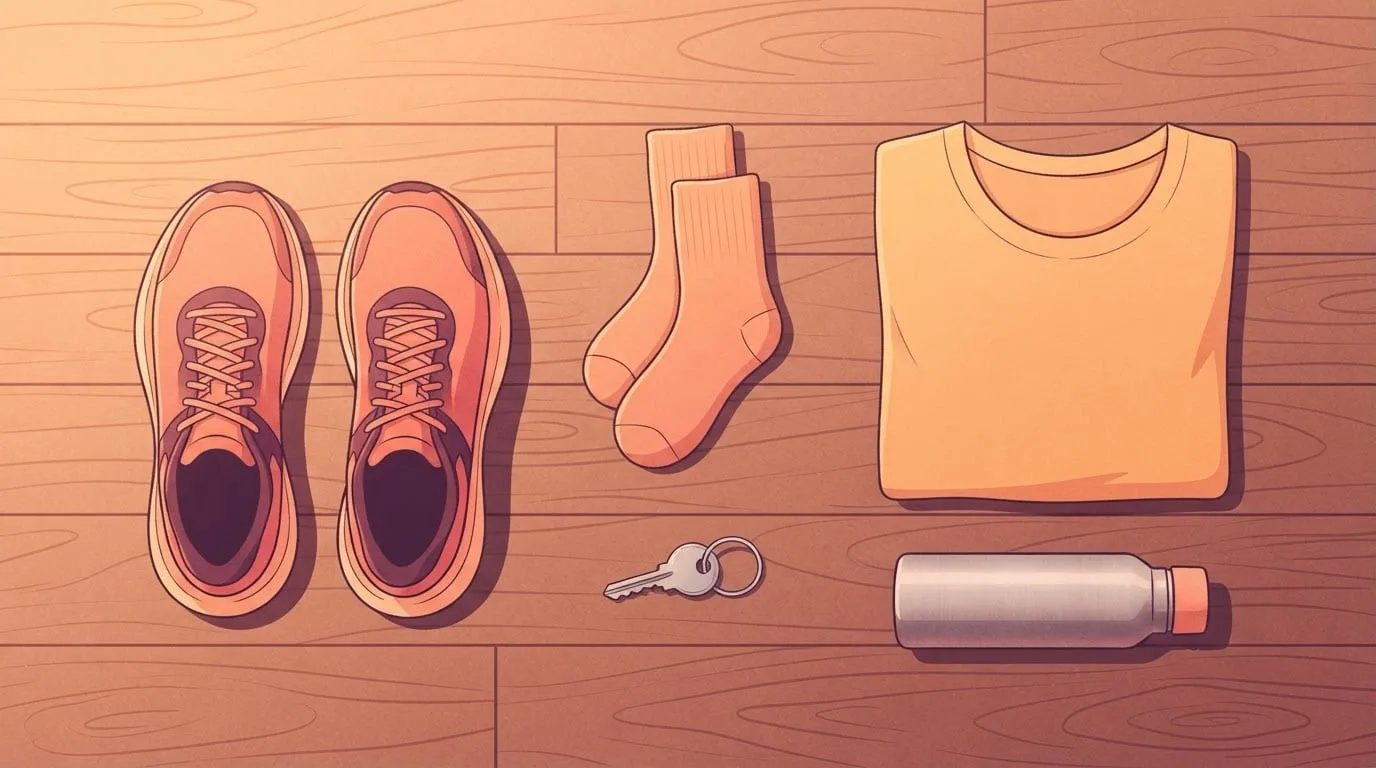 Overhead view of the gear you need to start running laid out on a wooden floor in morning light: a pair of plain laced running shoes, socks, a folded t-shirt, a water bottle and a house key