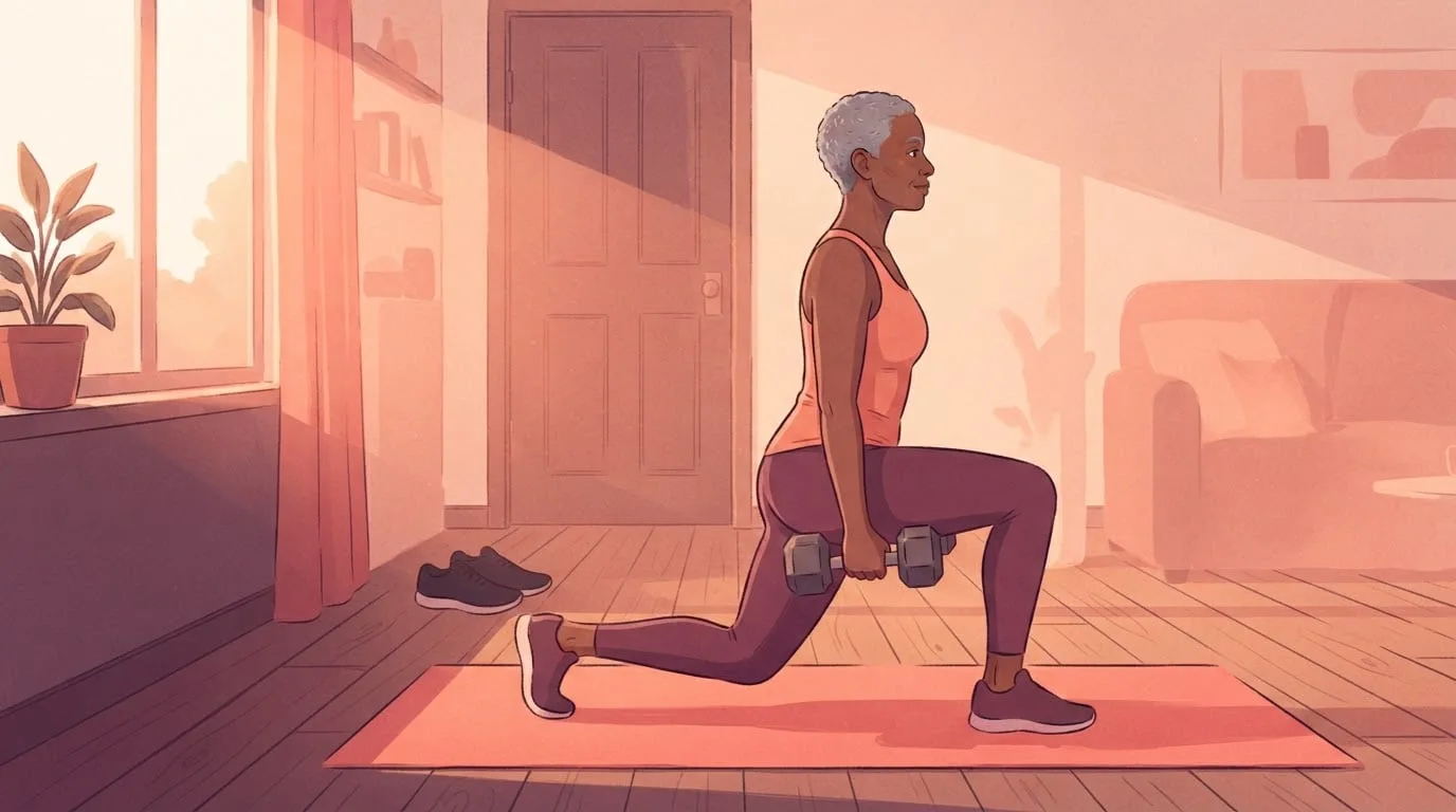 A woman in her fifties doing a dumbbell split squat on an exercise mat in a sunlit living room, part of a strength session for new runners, with her running shoes by the door
