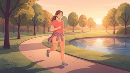 A beginner runner in her thirties jogging slowly and smiling along a tree-lined park path at sunrise, an easy first run at a pace where she could still talk
