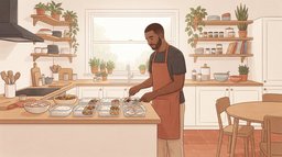 A man in his thirties in a warm, sunlit kitchen packing home-cooked rice, vegetables and chicken into glass containers on the counter, preparing the week's meals
