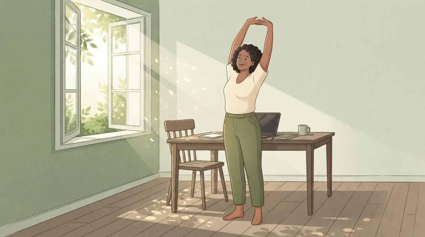 Une femme d'une quarantaine d'années debout près de son bureau dans un bureau à domicile lumineux aux fenêtres garnies de plantes, tendant les deux bras au-dessus de la tête pendant une courte pause de mouvement après être restée assise