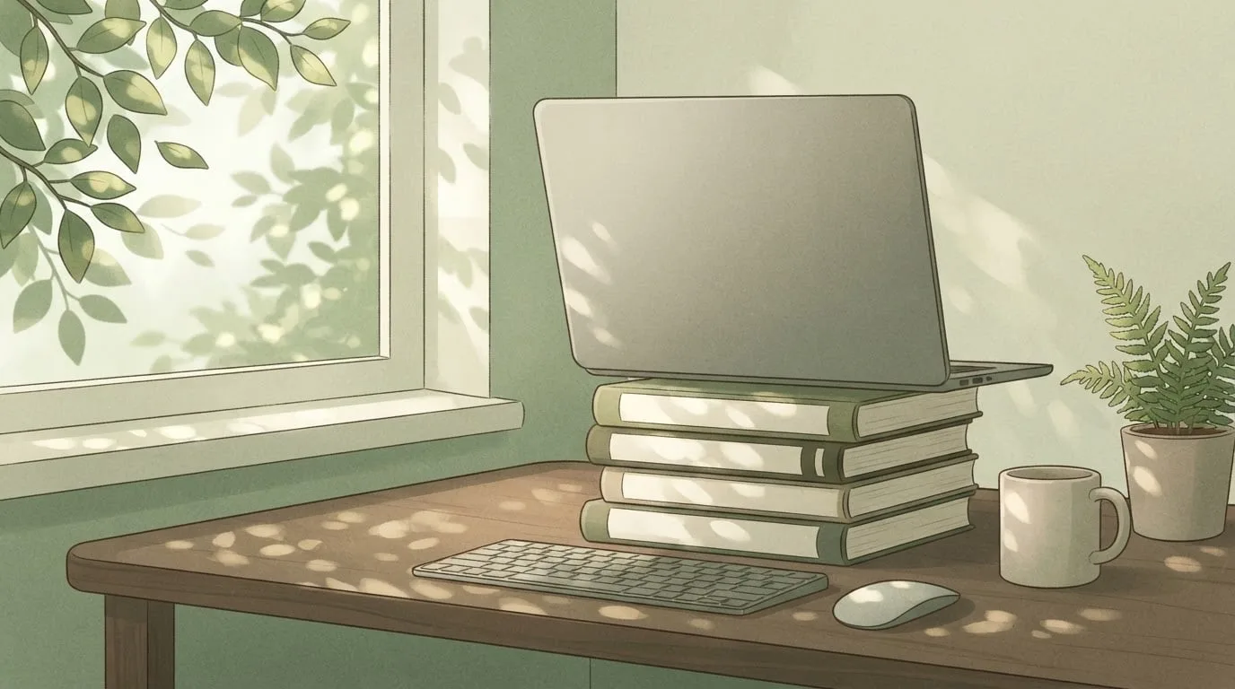 Un ordinateur portable surélevé sur une pile de livres unis sur un bureau en bois près d'une fenêtre avec des plantes, avec un clavier et une souris séparés devant, une installation de bureau qui aide à arrêter de se voûter