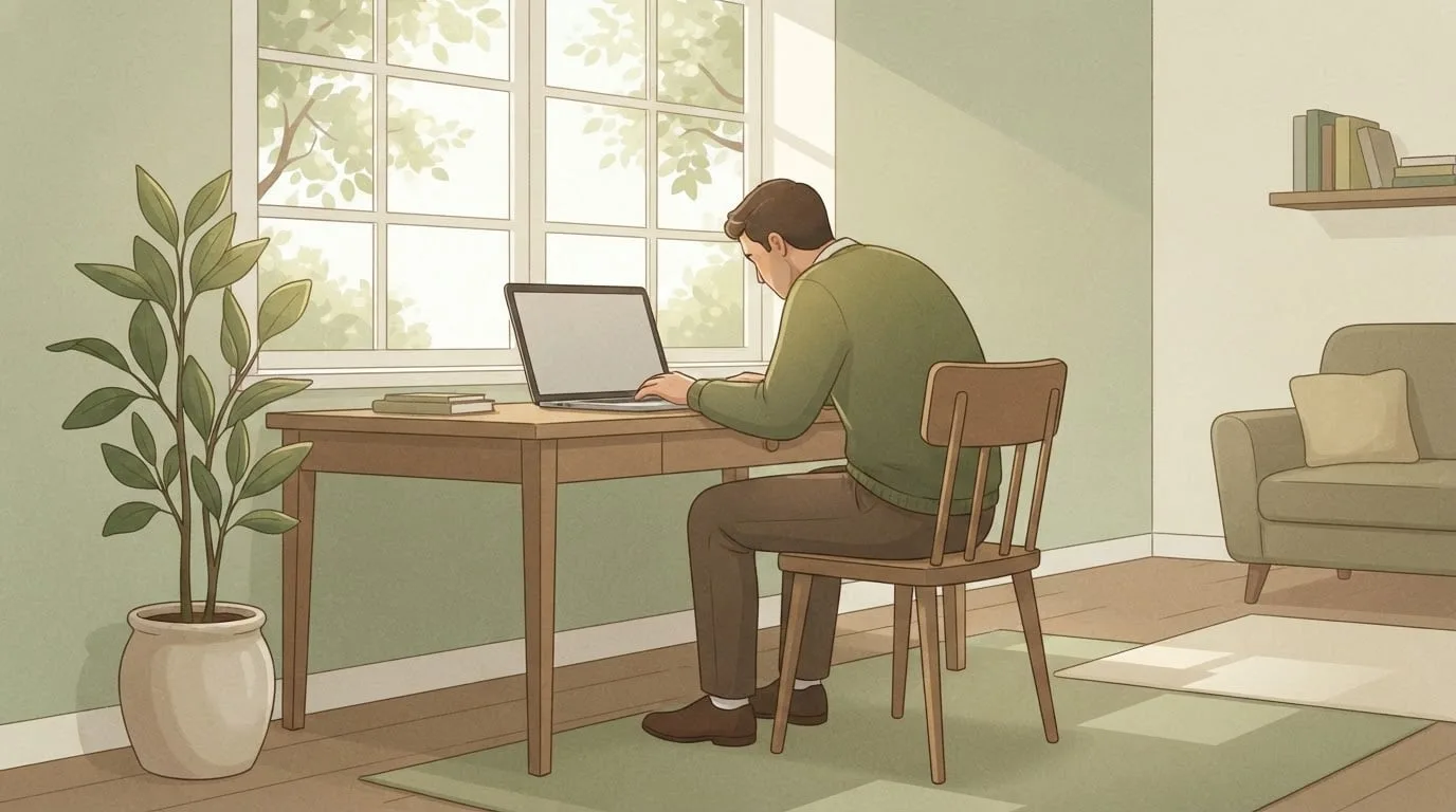 Un homme affalé dans une chaise en bois à un bureau à la maison près d'une fenêtre avec des plantes, le haut du dos arrondi et la tête poussée vers l'avant en direction d'un ordinateur portable, une posture voûtée typique