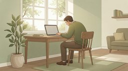 A man slumped low in a wooden chair at a home desk by a leafy window, his upper back rounded and his head pushed forward toward a laptop, a typical slouched posture