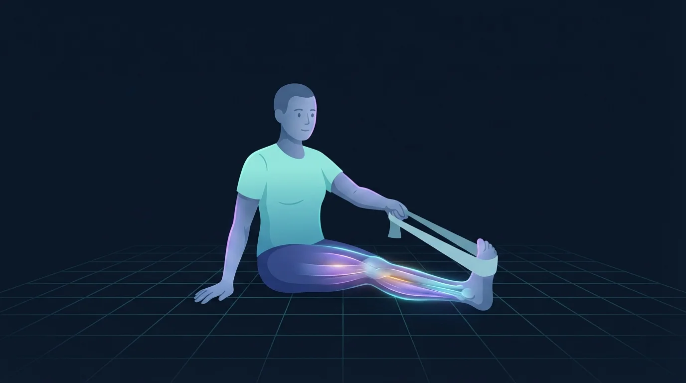 A person seated on the floor with one leg extended and a plain resistance band looped around the forefoot, turning the sole outward while the muscles along the outside of the shin glow