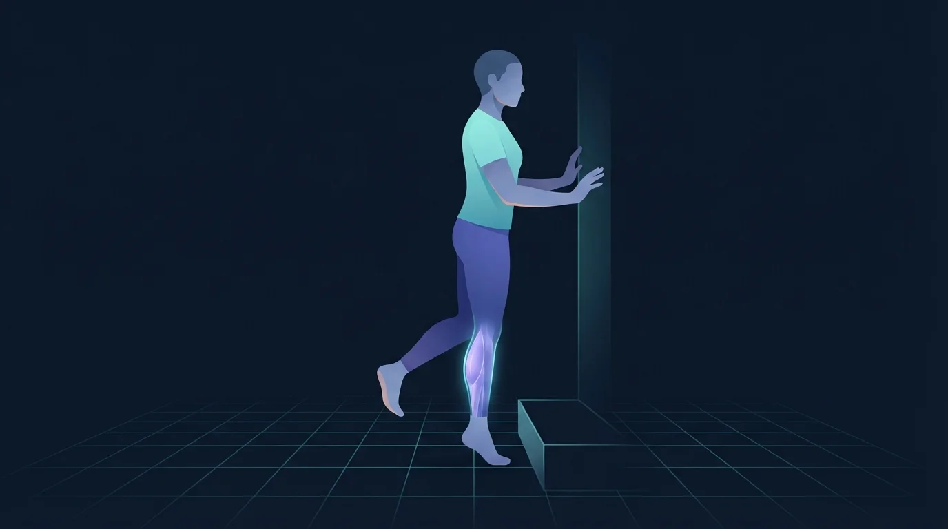 A person performing a single-leg heel raise on the edge of a step with the heel dropped below the step and fingertips resting on a wall, the calf of the working leg glowing under load
