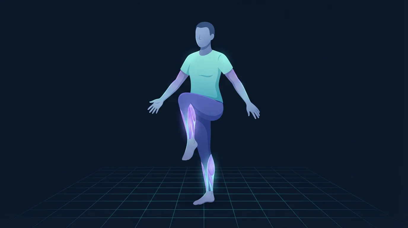A barefoot person balancing on one leg with the free knee lifted, the calf and the muscles along the outside of the standing shin glowing to show the ankle stabilisers at work