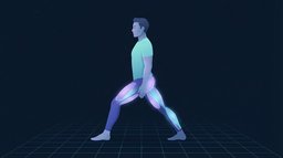A figure in a split stance with the quadriceps, hamstring, glute and calf lit up