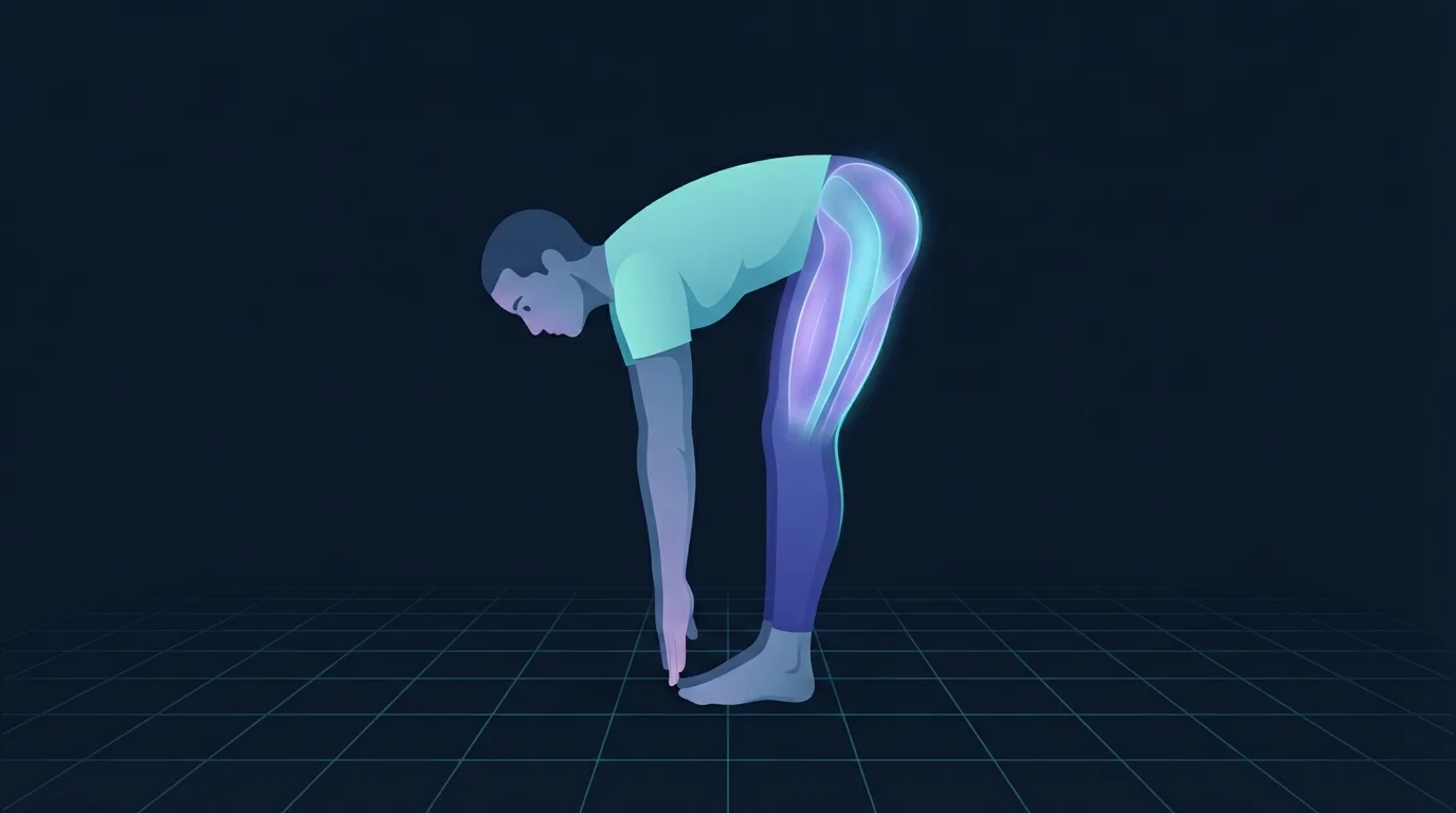 A person folded forward from the hips with straight knees, fingertips reaching down past the shins, the hamstrings and glutes lit up as the tissues that decide how far the reach goes
