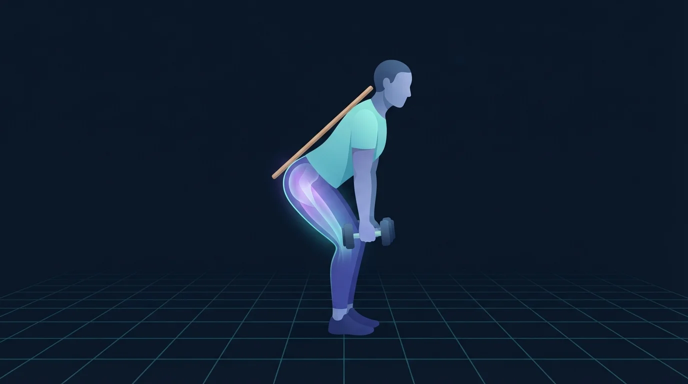 A person hinging at the hips with a dumbbell lowered toward mid-shin and a dowel held along the back to keep the spine neutral, hamstrings and glutes lit up under load