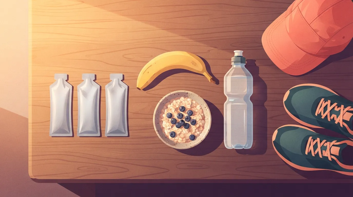 Overhead view of long-run fuel on a wooden table at sunrise: three plain energy gel sachets, a banana, a bowl of oats with berries, a water bottle, a running cap and running shoes