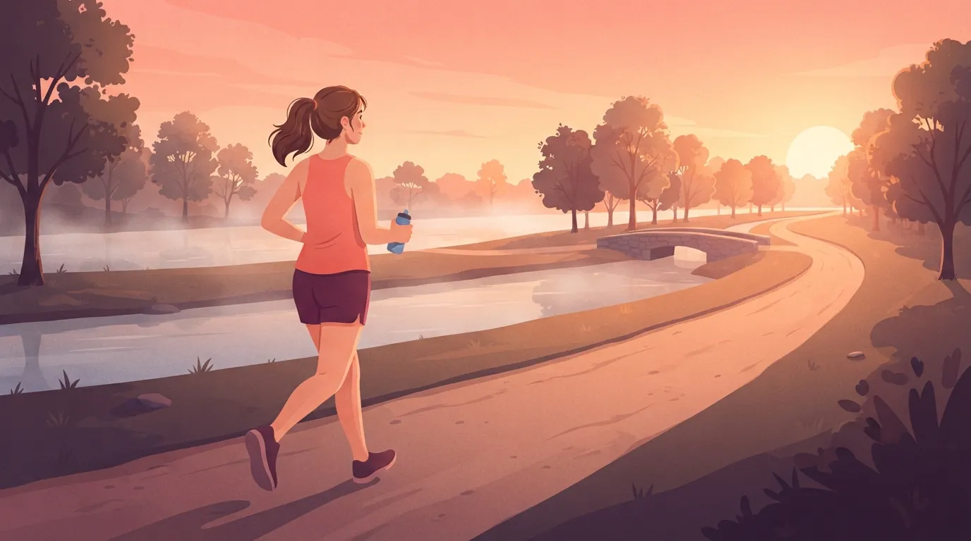 A woman on an easy long run along a riverside park path at sunrise, carrying a small water flask, with the path curving far into the distance past a stone footbridge