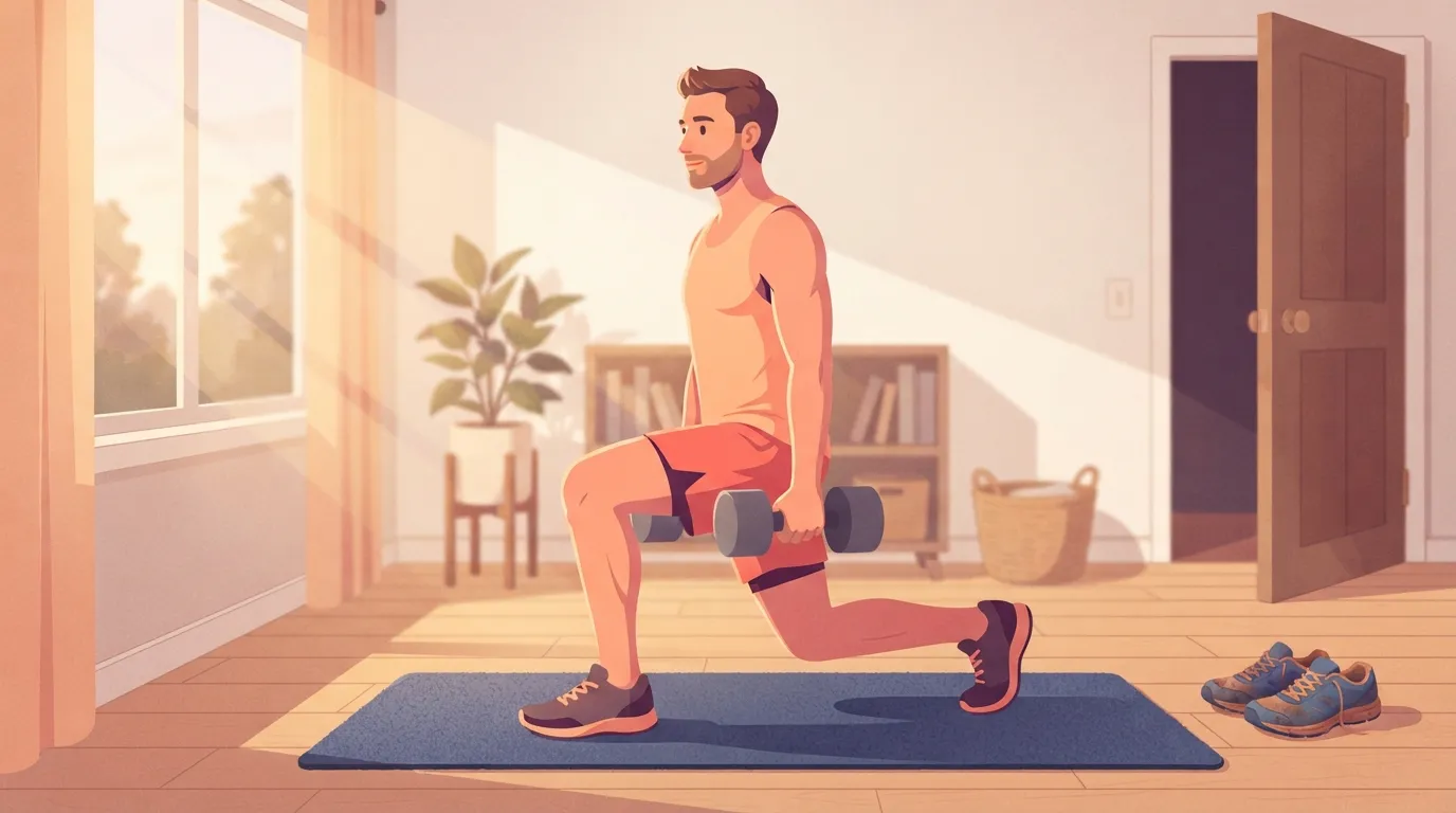 A runner doing a reverse lunge with a dumbbell in each hand on a mat in a living room at sunrise, running shoes waiting by the door