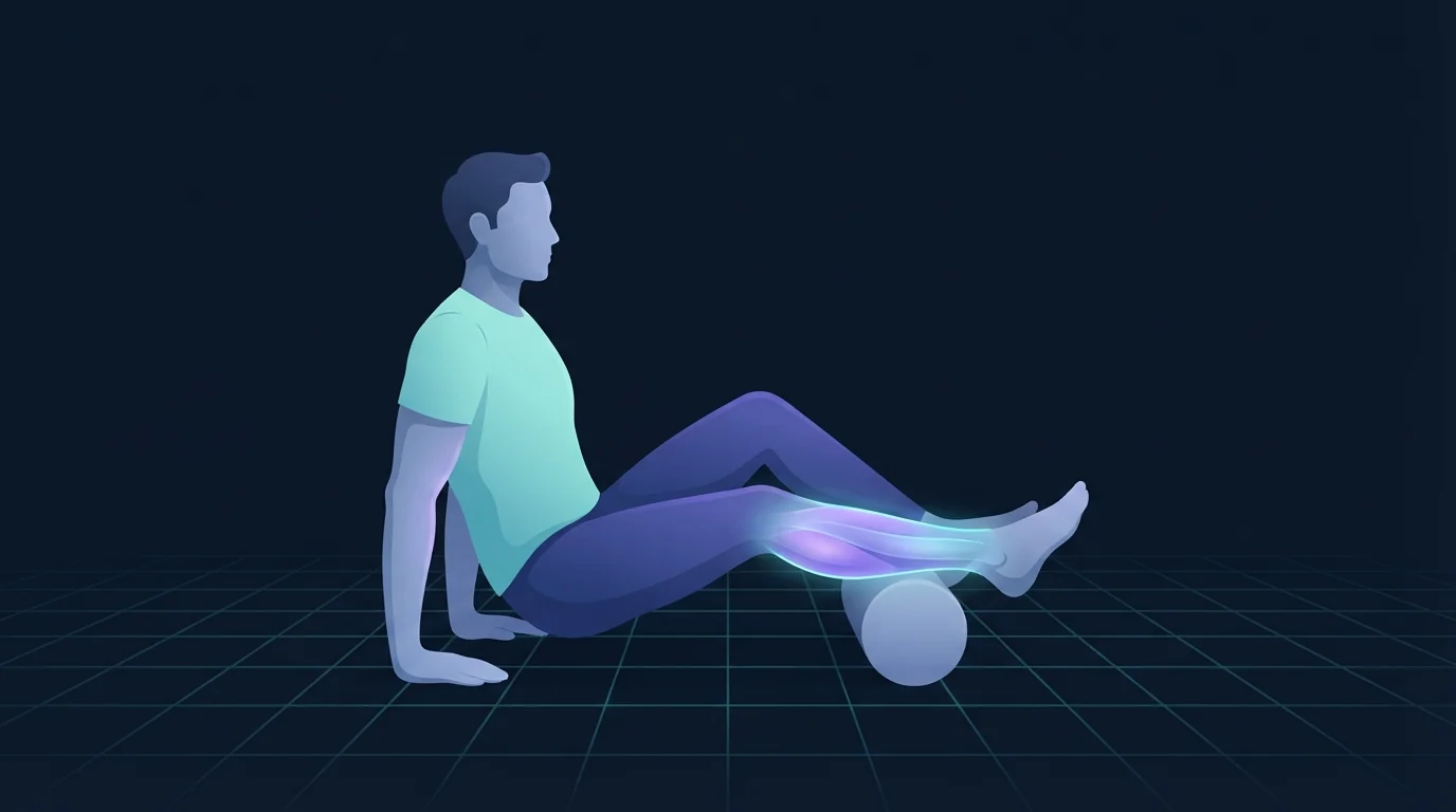 A person seated with hands planted behind the hips and one calf resting on a foam roller, the calf muscle glowing while the other knee stays bent with the foot on the floor