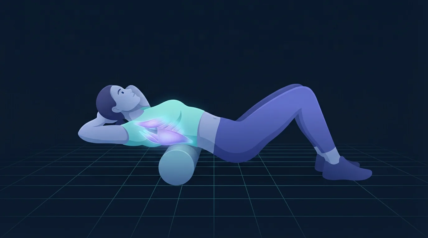 A person lying face up with knees bent and hands behind the head, a foam roller set crosswise under the upper back, the muscles beside the upper spine glowing while the lower back stays dark
