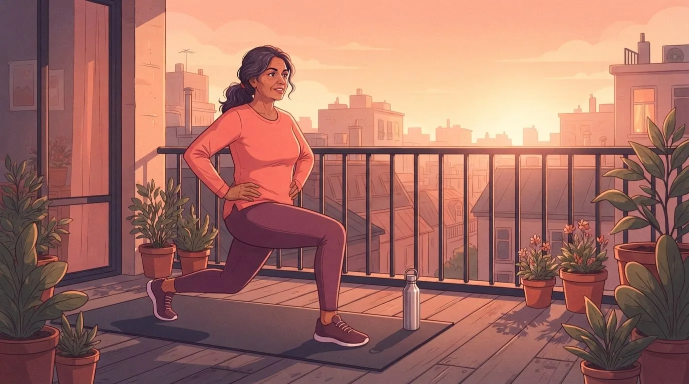 A woman in her fifties in a coral top and plum leggings doing a bodyweight reverse lunge on a mat on her apartment balcony at sunrise, potted plants and a water bottle beside her