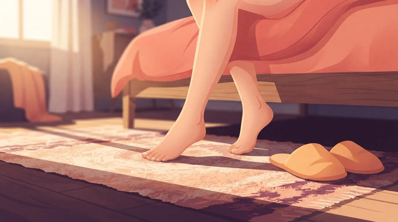 Close-up of bare feet stepping off a bed onto a woven rug in golden early-morning light, a pair of slippers beside them, the moment of getting up when the alarm goes off